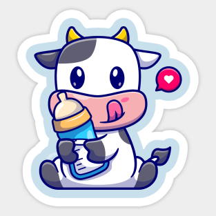 Cute Baby Cow Holding Milk Cartoon Sticker